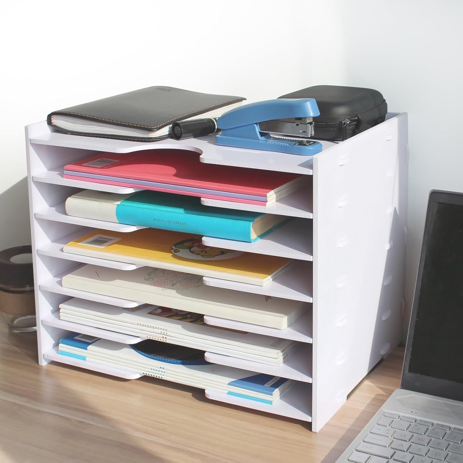 7-Tier Wide Desk File Organizer | Letter Tray Storage Rack, Desktop Sorter