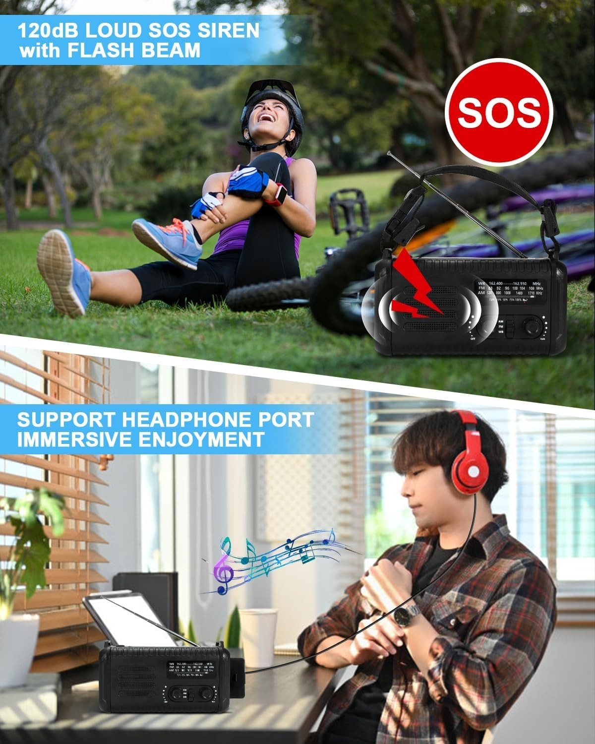 Wind Up Black Solar Emergency Radio with 20000mAh Battery, AM/FM & Flashlight