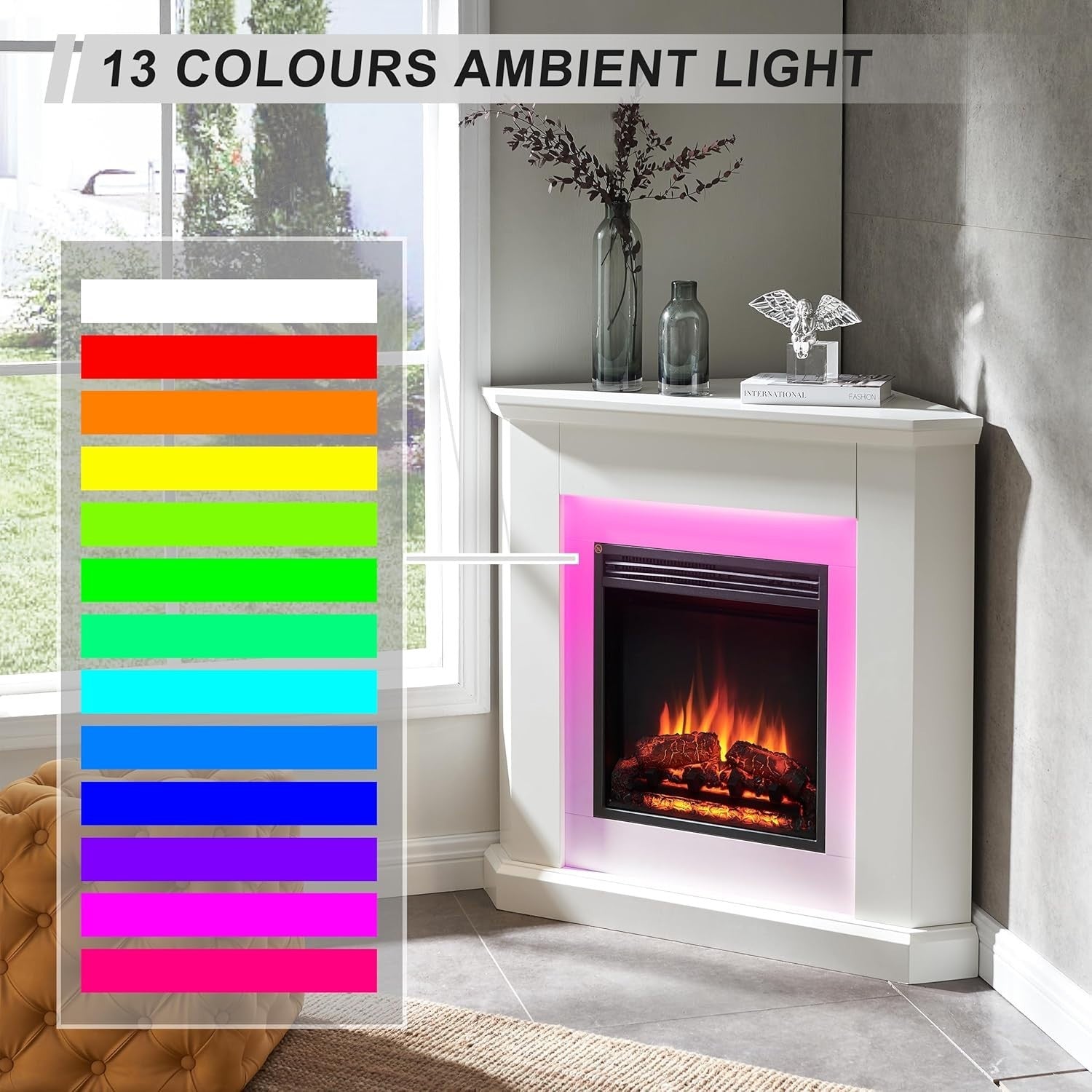 🔥 38” Corner Electric Fireplace Suite White LED Mood Light 2kW Heater