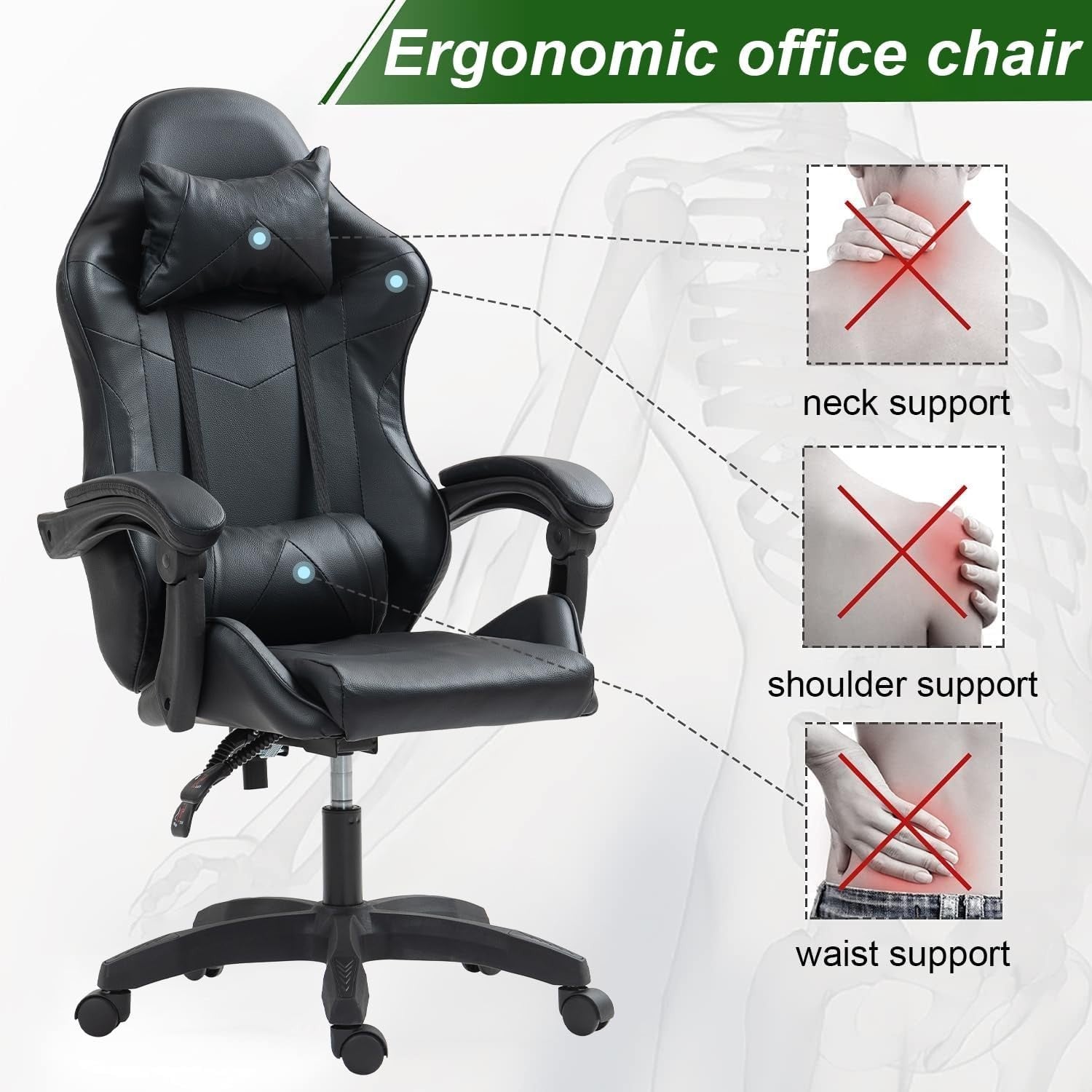 Ergonomic Faux Leather Gaming Chair Swivel Recliner Adjustable Height Black