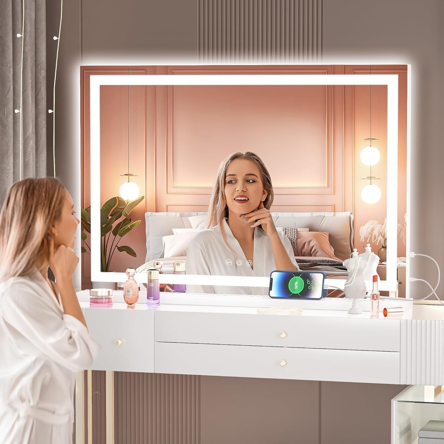 LED Vanity Mirror 80x50cm Wall/Table, 3 Light Modes, Touch Dimming Makeup