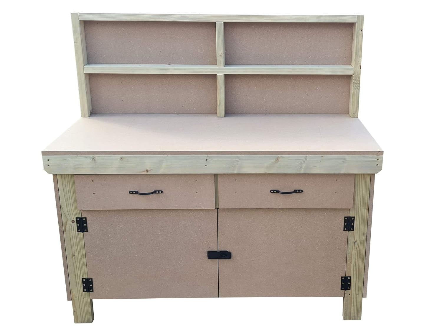 6ft Wooden Workbench with Drawers, Lockable Cupboard & Back Panel – 18mm MDF Top