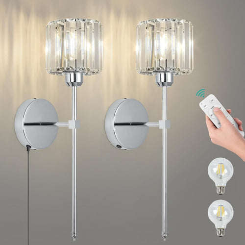 Silver Crystal Wall Lights Set of 2 Battery Operated Remote Control Sconces