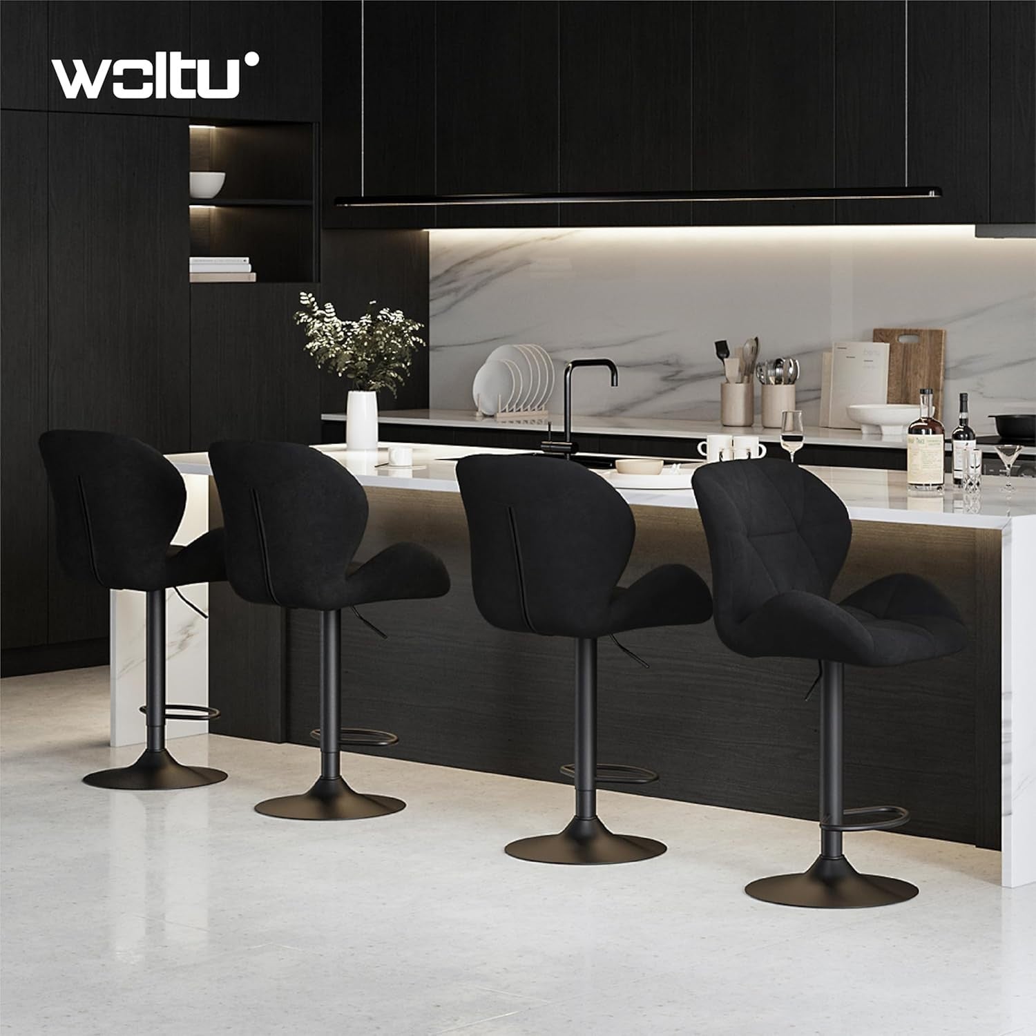 Velvet Swivel Bar Stools Set of 2 Adjustable Counter Chairs Black