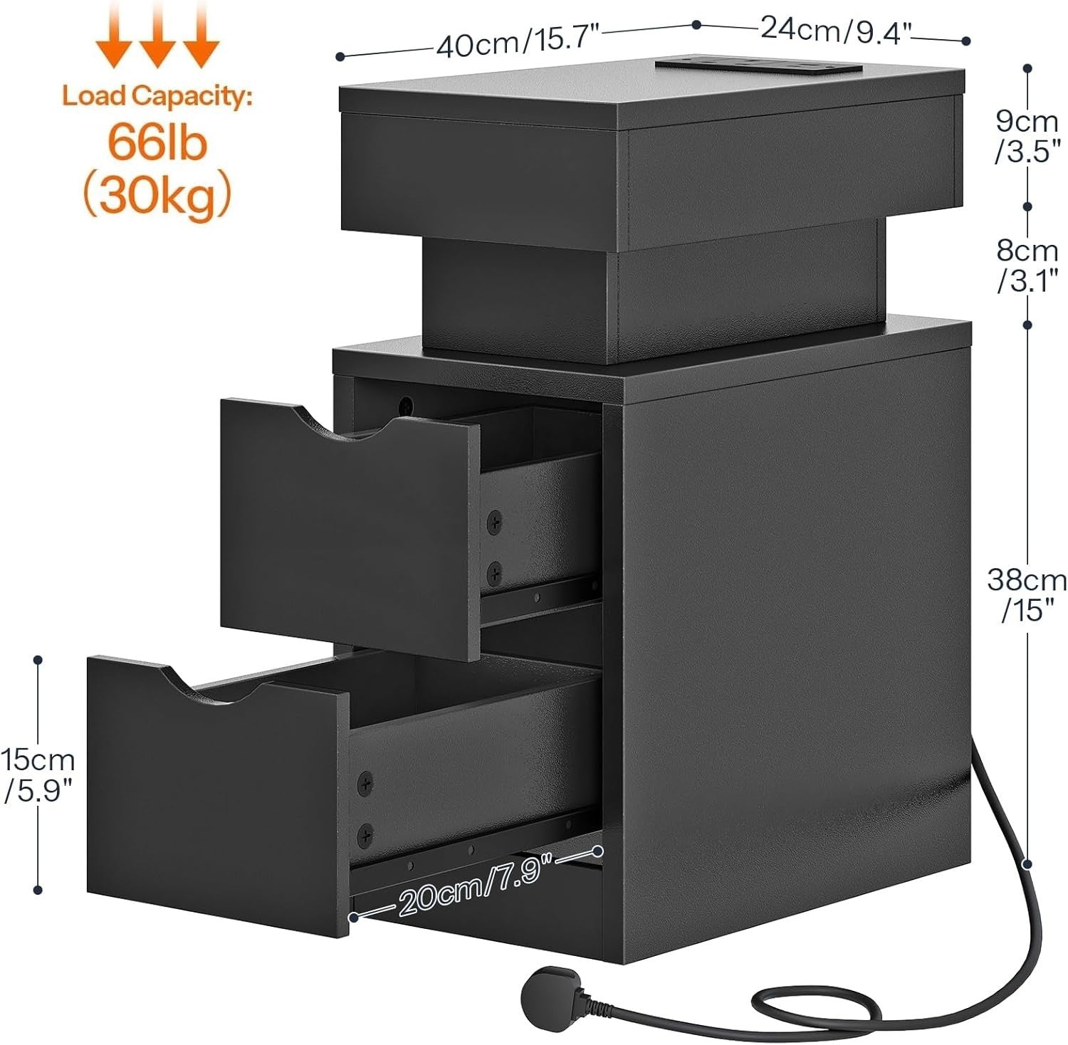 Modern Black LED Bedside Table with Charging Station & 2 Drawers