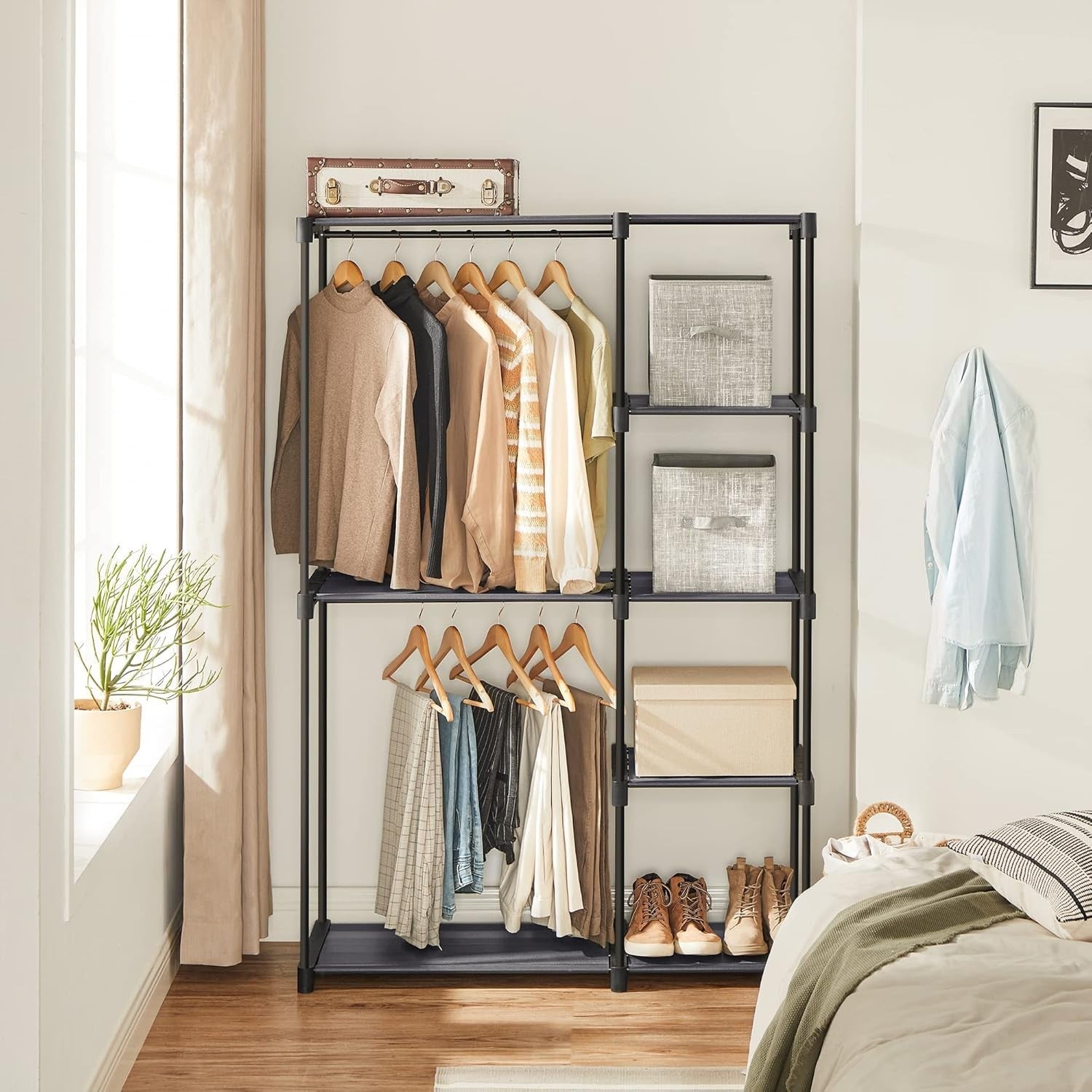 Freestanding Wardrobe with Shelves & Rails – Grey 165cm