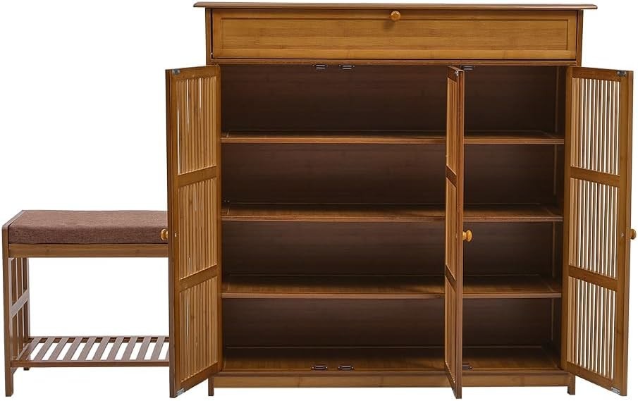Brown Shoe Storage Cabinet with Seat & Drawer – 4-Tier Hallway Bench 99cm