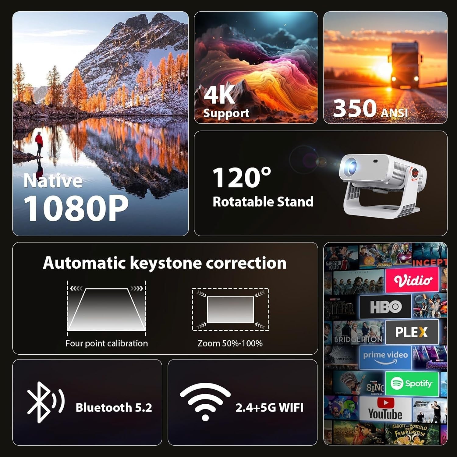 Smart 1080P Projector 4K WiFi 6 Bluetooth Built-In Apps 120° Stand
