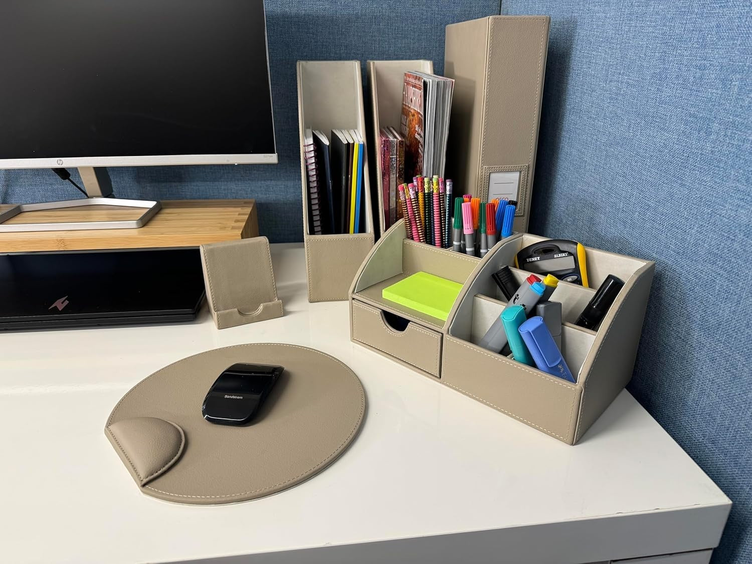 Faux Leather Desk Organiser 8-Compartment Drawer Pen & Stationery Caddy