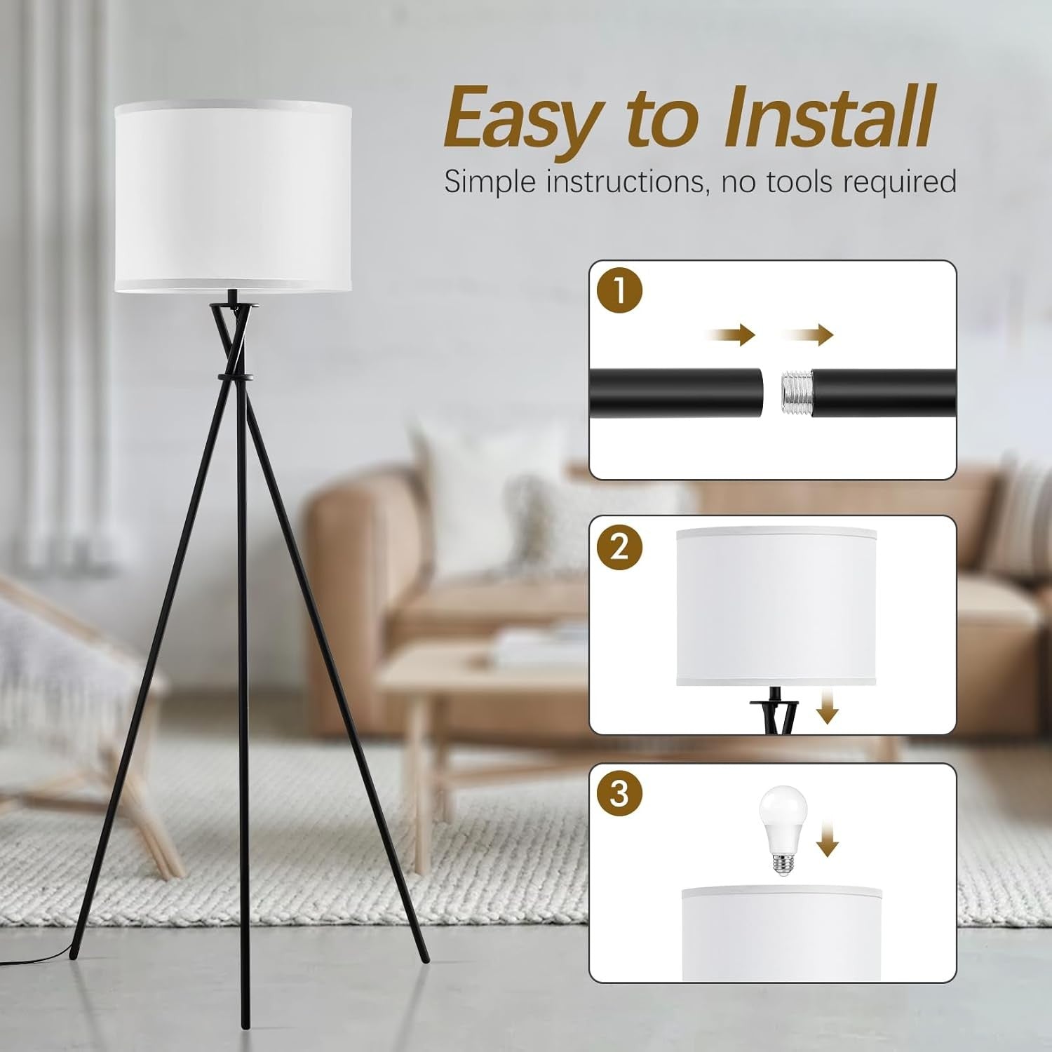 Tripod Floor Lamp Standing Light with Foot Switch Modern Living Room