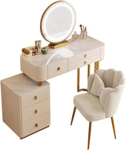 Elegant Makeup Vanity Table Set LED Mirror 4-Drawer Grey Rock Slab 80cm 31.5in