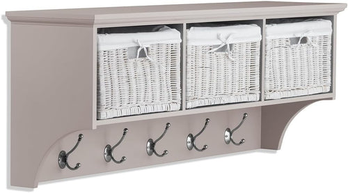 Truffle Wall Mounted Coat Rack 3 Wicker Baskets 5 Hooks Hallway Storage Shelf