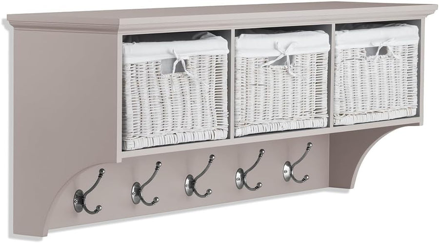 Truffle Wall Mounted Coat Rack 3 Wicker Baskets 5 Hooks Hallway Storage Shelf