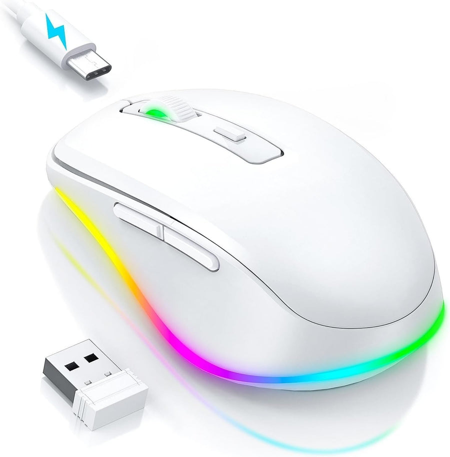 White RGB Wireless Mouse Rechargeable Silent USB Jiggler Mode