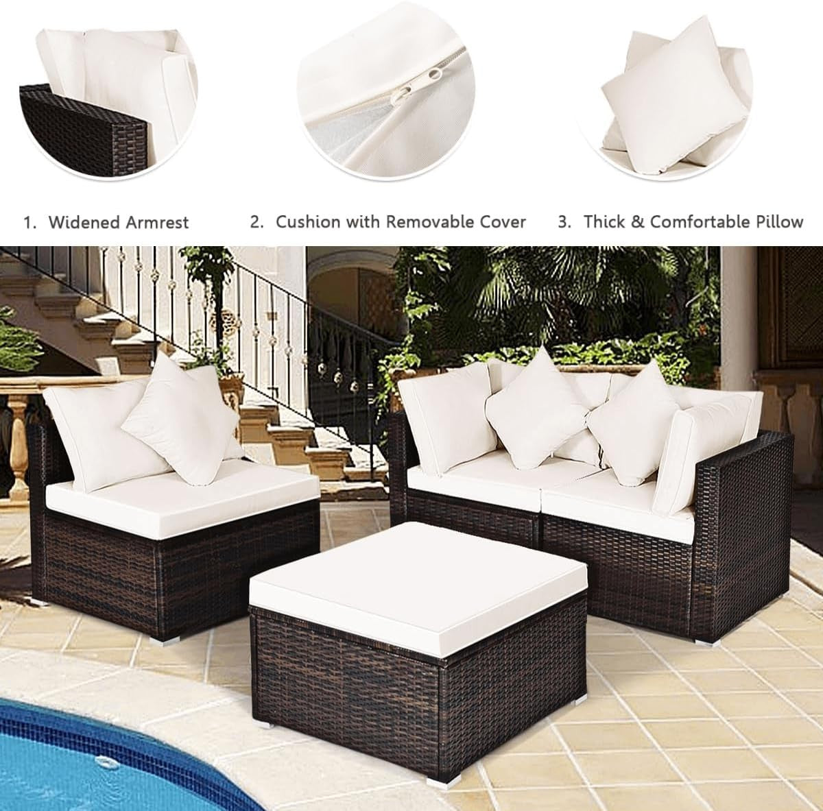 4PC White Rattan Garden Sofa Set Modular Patio Lounge Coffee Table Cushions