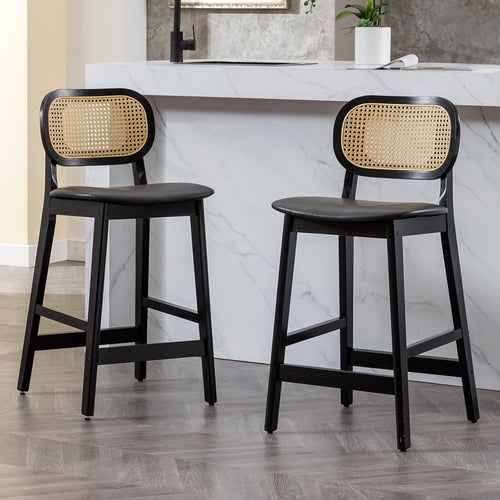 Ergonomic PU Leather Bar Stools with Rattan Backrest & Solid Wood Frame
