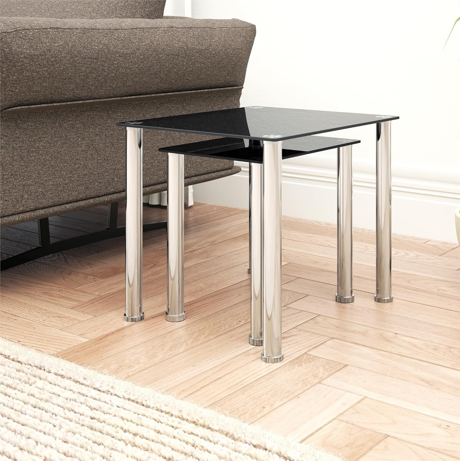 Black Square Nesting Side End Tables Set of 2 Glass Metal Chrome Frame
