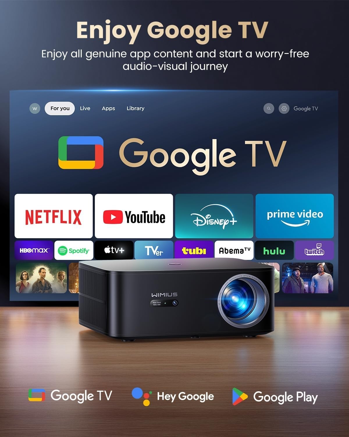 4K Smart Projector 1500 ANSI Google TV WiFi 6 Bluetooth Auto Focus
