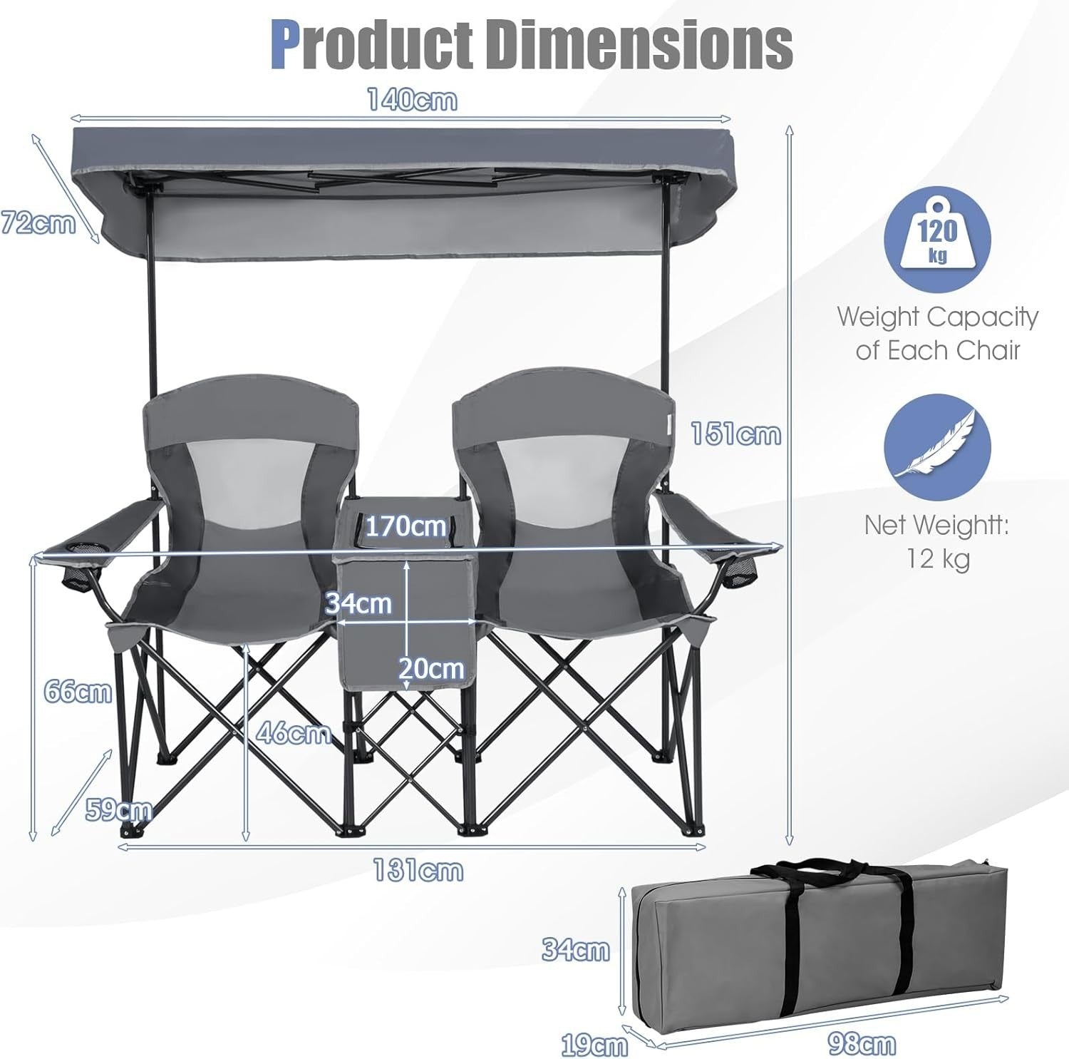 Grey 2 Seat Folding Camping Chair w/ Canopy, Cooler Bag, Cup Holders, Case
