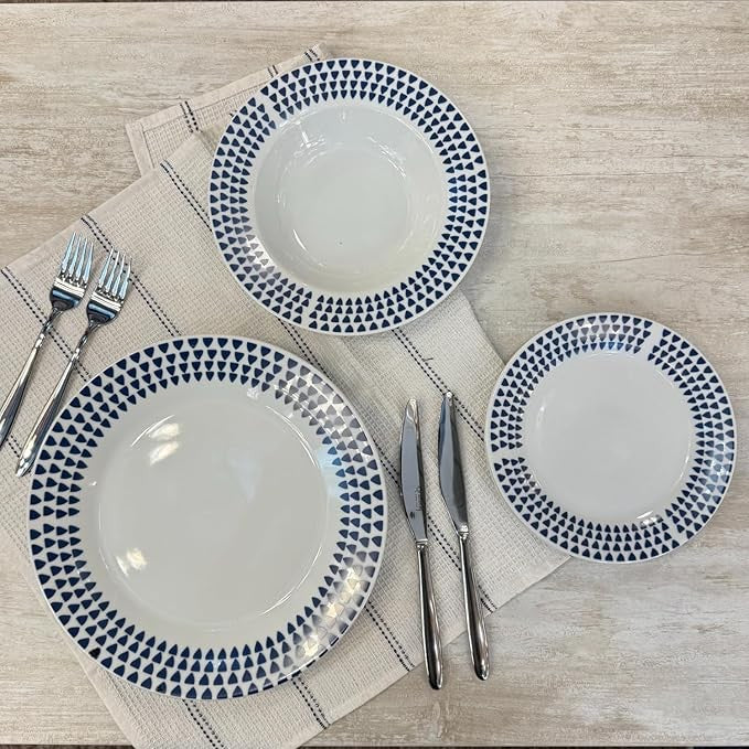 12pc White Ceramic Dinnerware Set Plates Bowls Service for 4 Blue Speckle