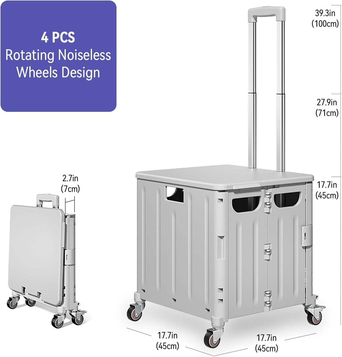 65L Foldable Shopping Trolley 4 Wheel Storage Cart with Lid Grey
