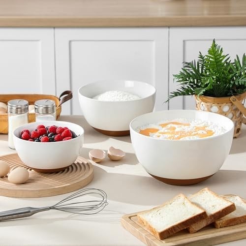 Large Ceramic Mixing Bowls Set of 3 Nesting Salad Soup Prep Bowls