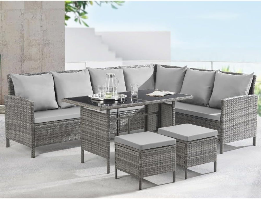 7 Seat PE Rattan Garden Sofa Set with Glass Table & Cushions Outdoor Patio