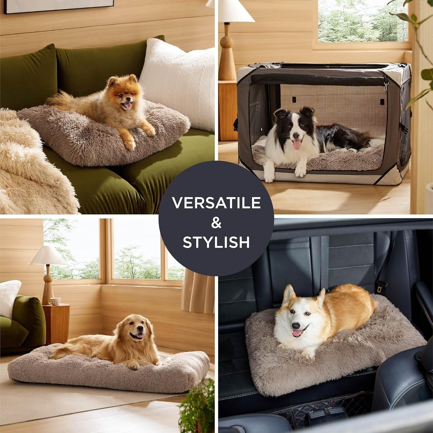 XXL Fluffy Dog Crate Bed Washable Anti Slip Warm Cushion 119x74cm Camel
