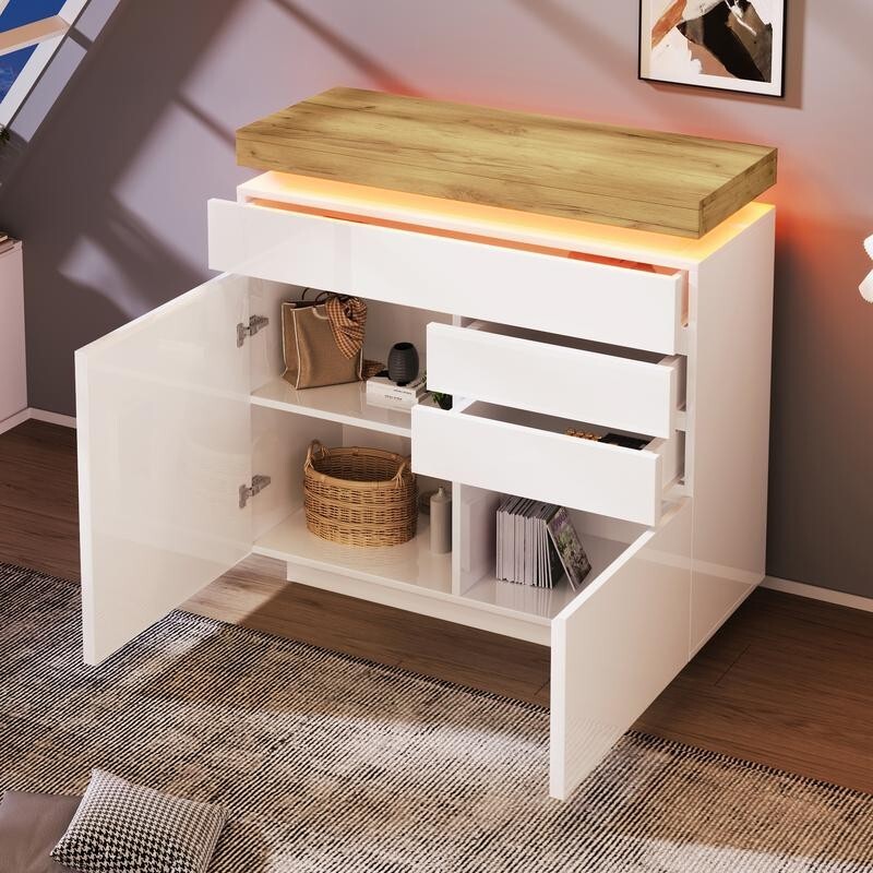 High Gloss Sideboard Cabinet with LED Lights, 2 Door 3 Drawer Storage