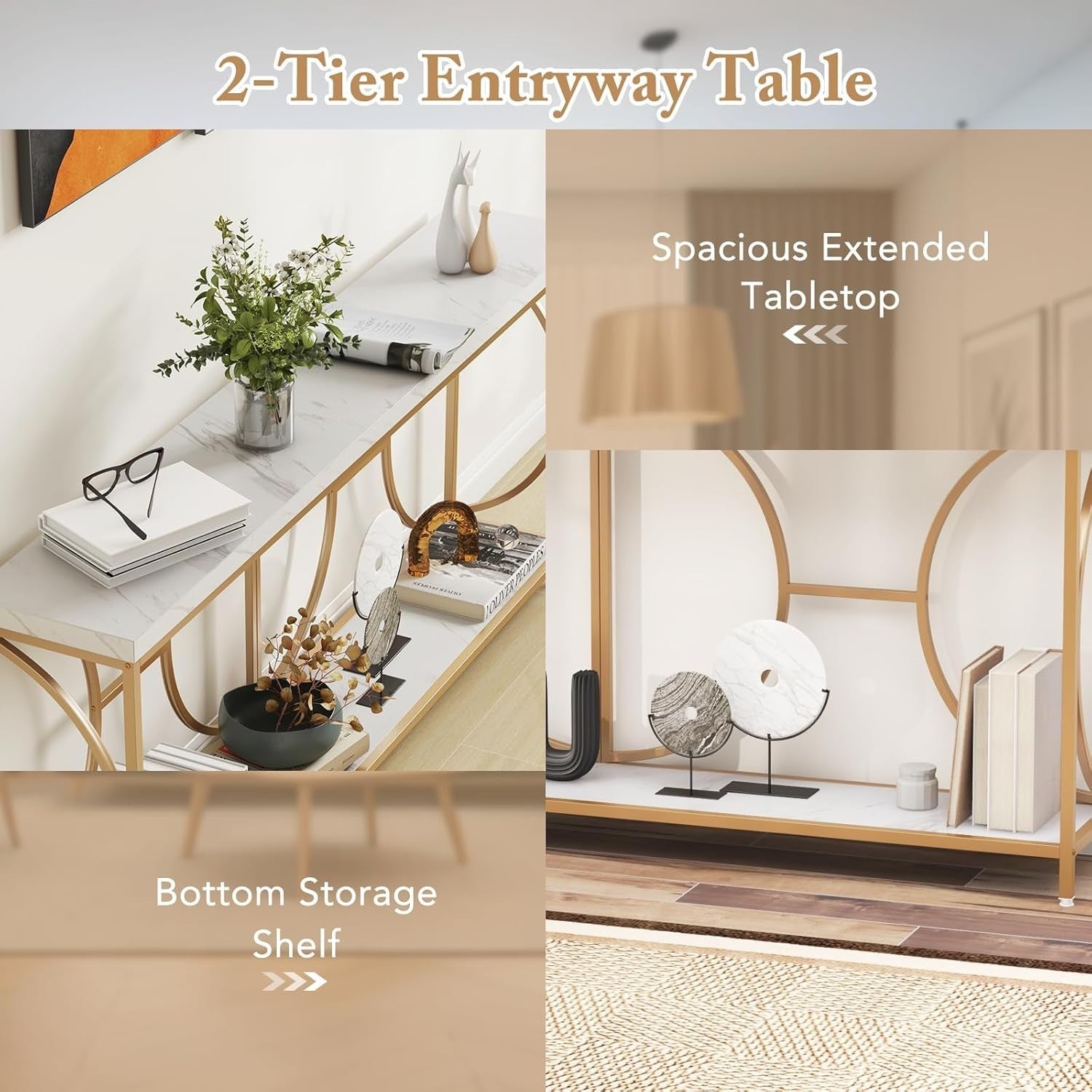 Slim 2-Tier Console Table with Storage Shelf & Faux Marble Top, Gold