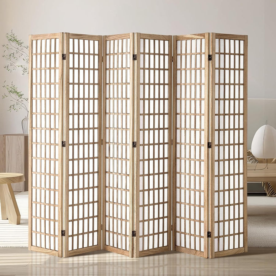 6 Panel Japanese Folding Room Divider Wood Privacy Screen 240x170cm Natural
