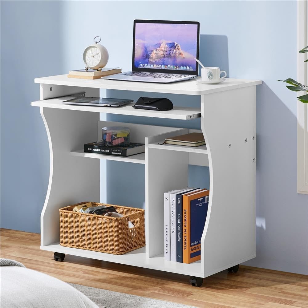 Small Computer Desk on Wheels with Keyboard Tray Storage Shelves Compact Office