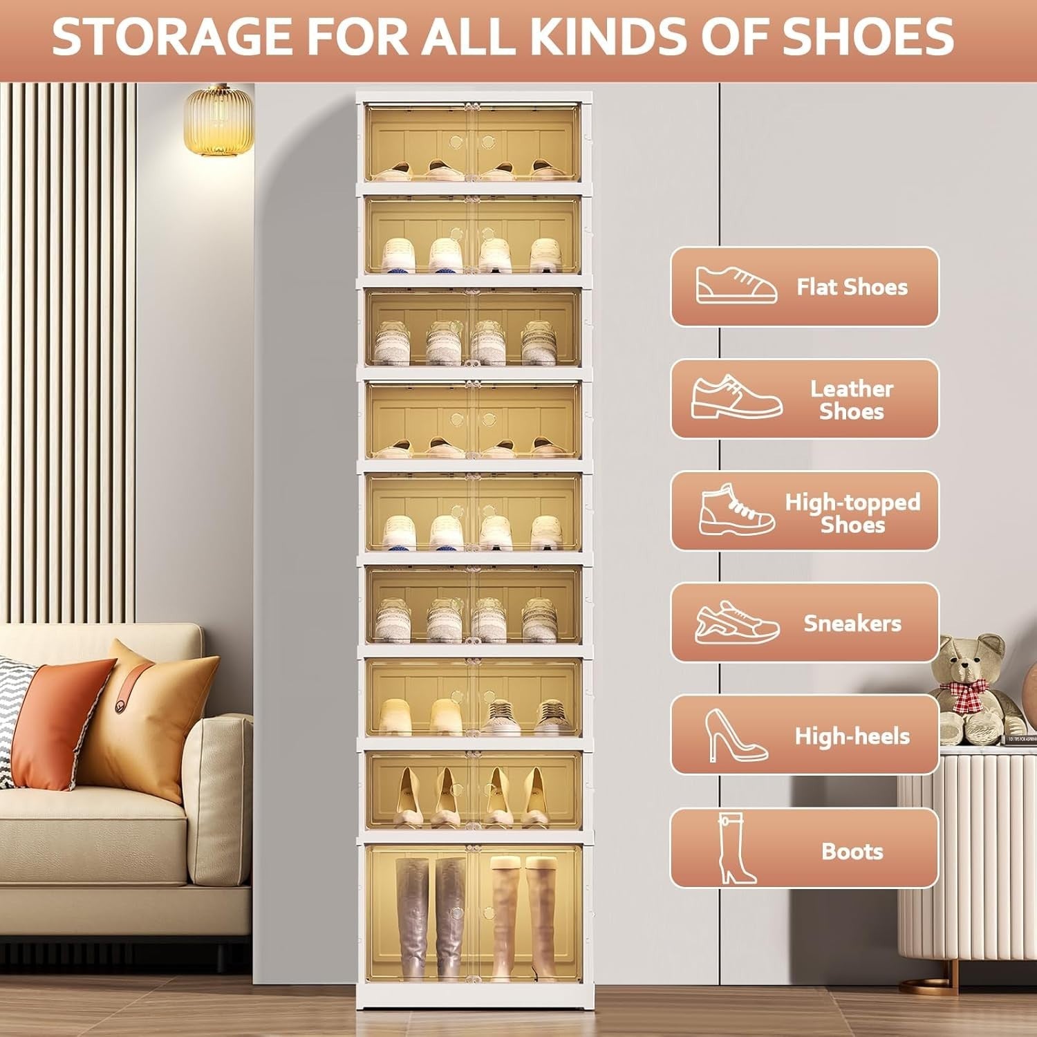 9-Tier Foldable Shoe Cabinet with Transparent Doors, 44x34.5x169 cm