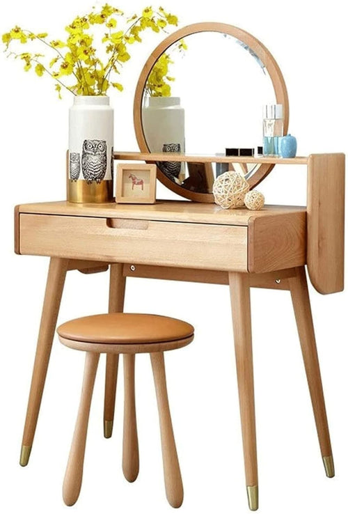 Modern Dressing Table Vanity Set w/ Mirror Stool 1-Drawer Makeup Desk Wood
