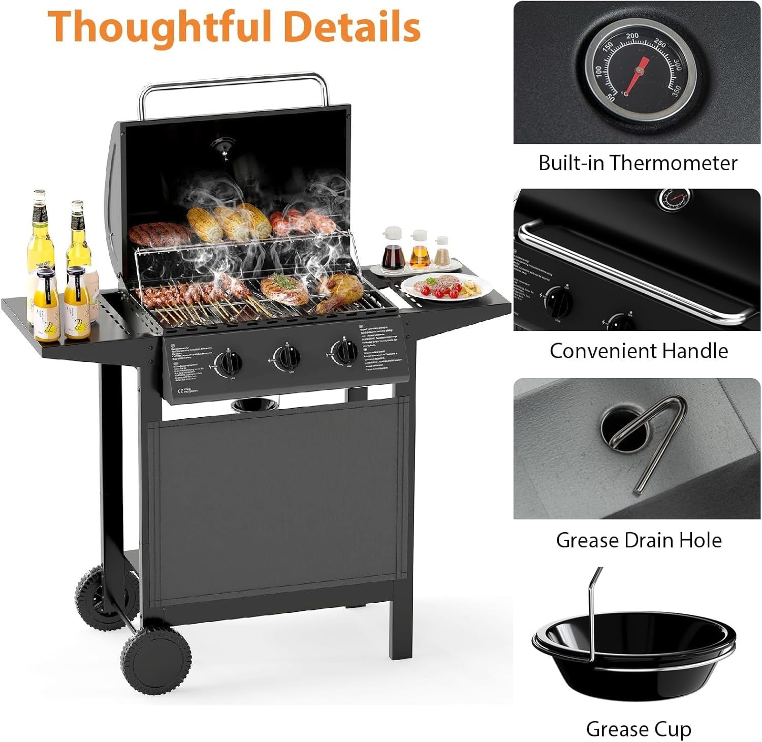 3 Burner Gas BBQ Grill with Lid, 49x106x98cm, Thermometer, Side Shelves & Wheels