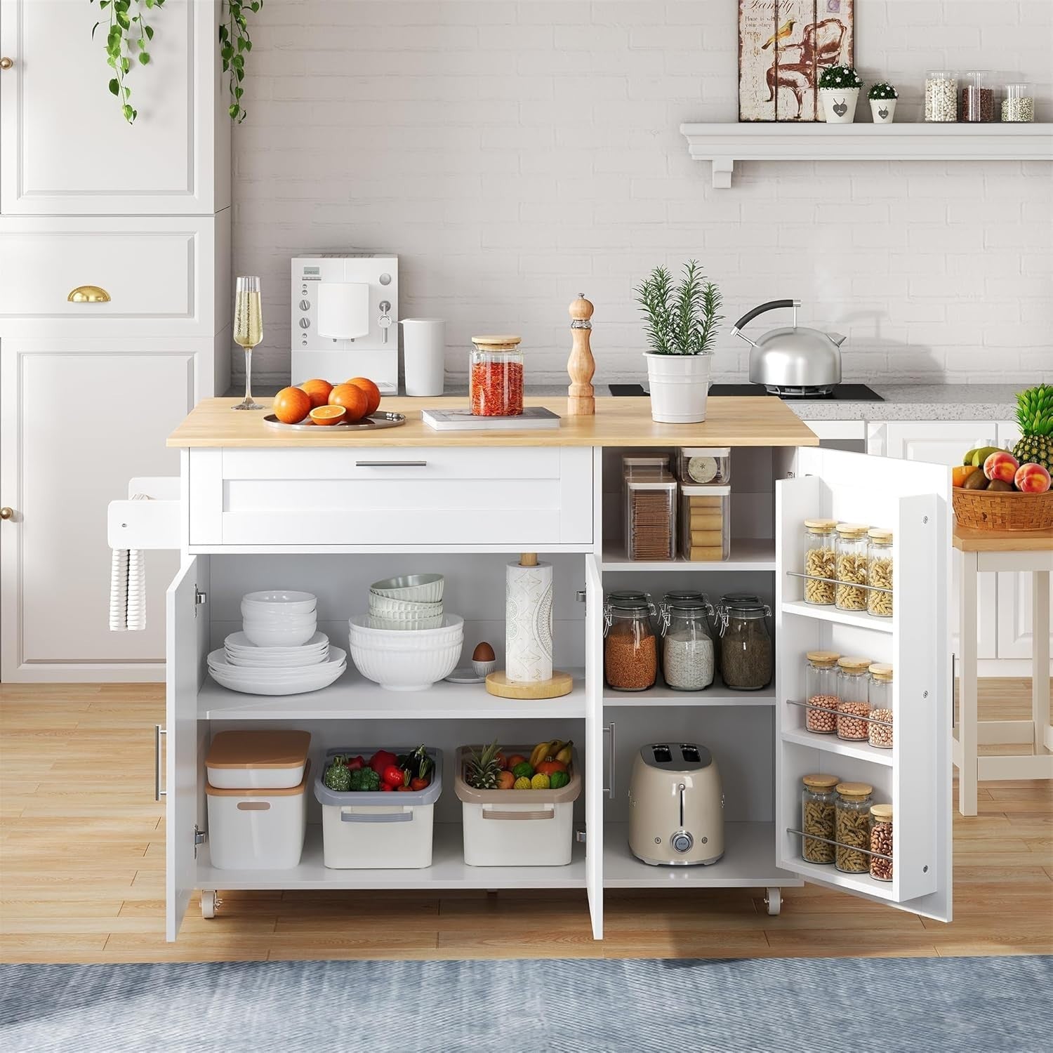 Large Mobile Kitchen Island Cart with Foldable Oak Countertop & Storage