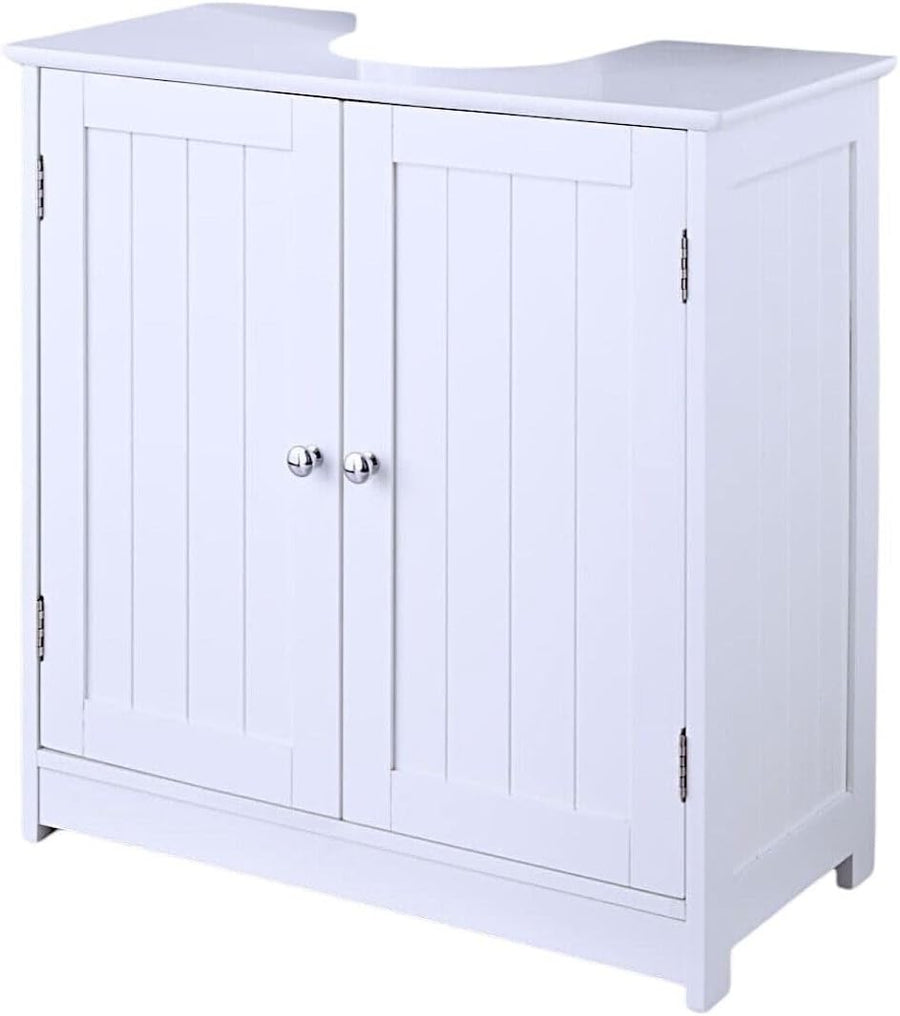 White Under Sink Bathroom Cabinet – 2 Door Vanity Cupboard with Storage Shelves