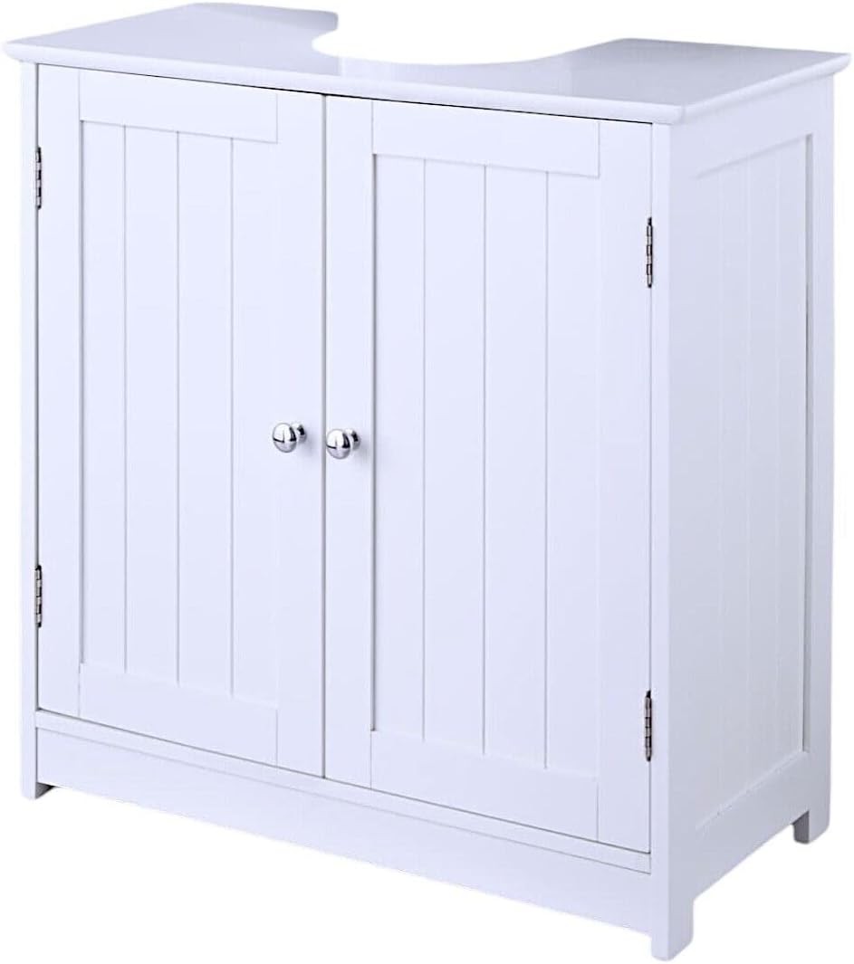 White Under Sink Bathroom Cabinet – 2 Door Vanity Cupboard with Storage Shelves