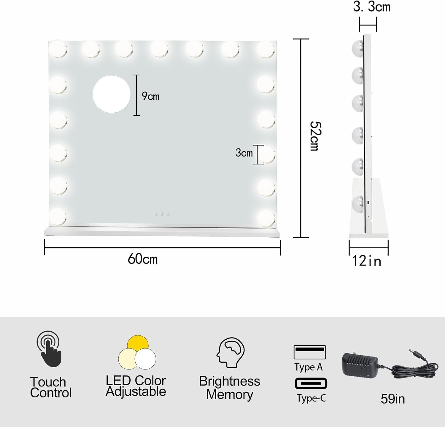 Large LED Vanity Mirror 60x50cm with Touch Control & USB Charging