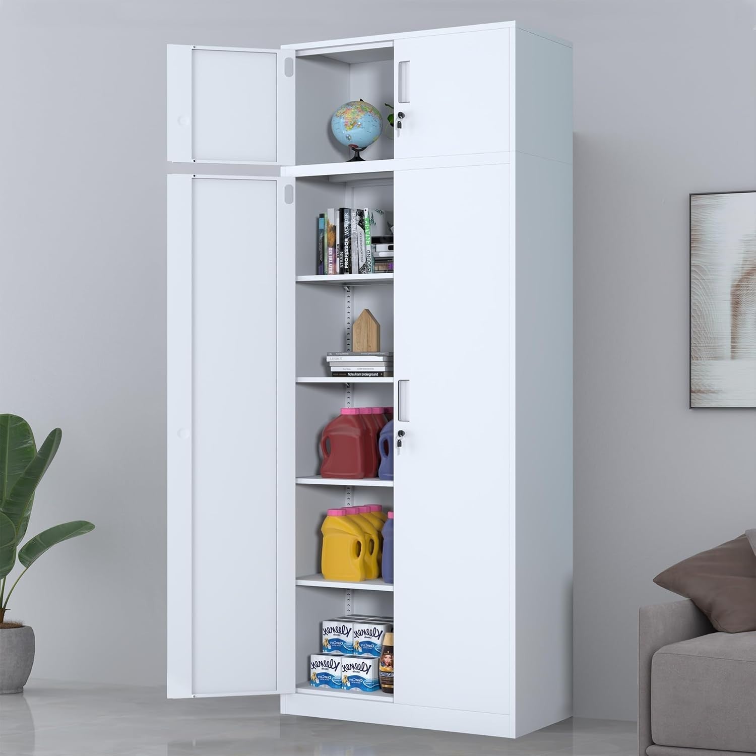 Tall Lockable Metal Storage Cabinet 220cm with 4 Shelves for Garage Office