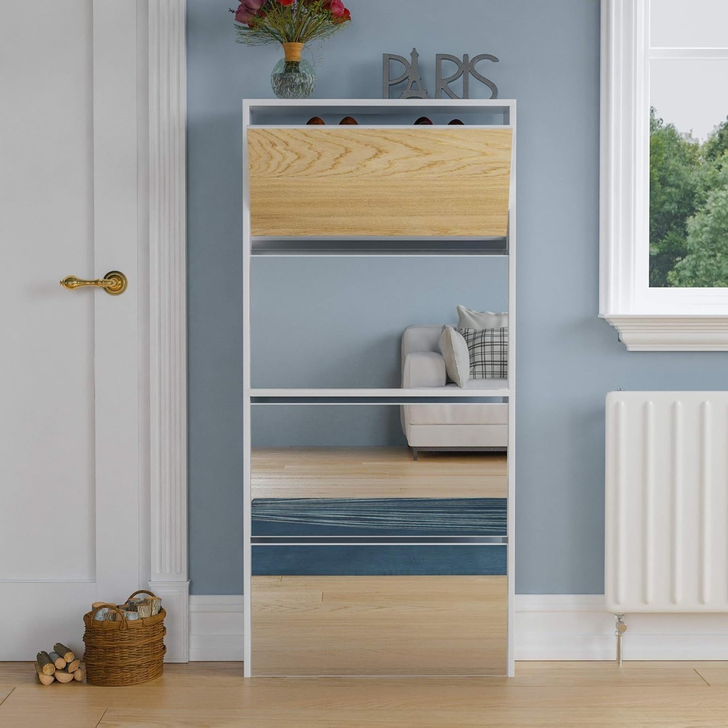 White Mirrored Shoe Cabinet | Slim 4 Drawer Storage 63x17x134cm Unit