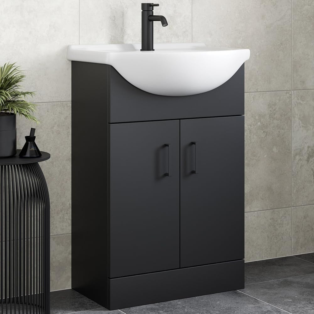 560mm Matt Black Vanity Sink Unit – Freestanding Bathroom Basin Cabinet