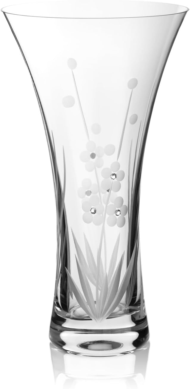 25cm Hand Cut Crystal Trumpet Vase Floral Pattern Luxury Gift Boxed
