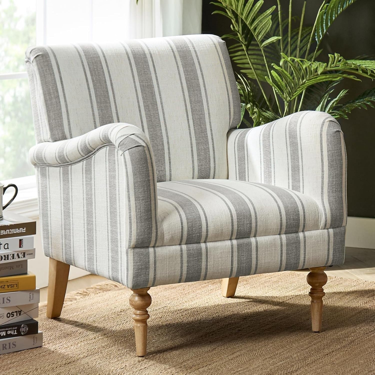Set of 2 Upholstered Accent Armchairs Wood Legs Striped Chairs for Lounge