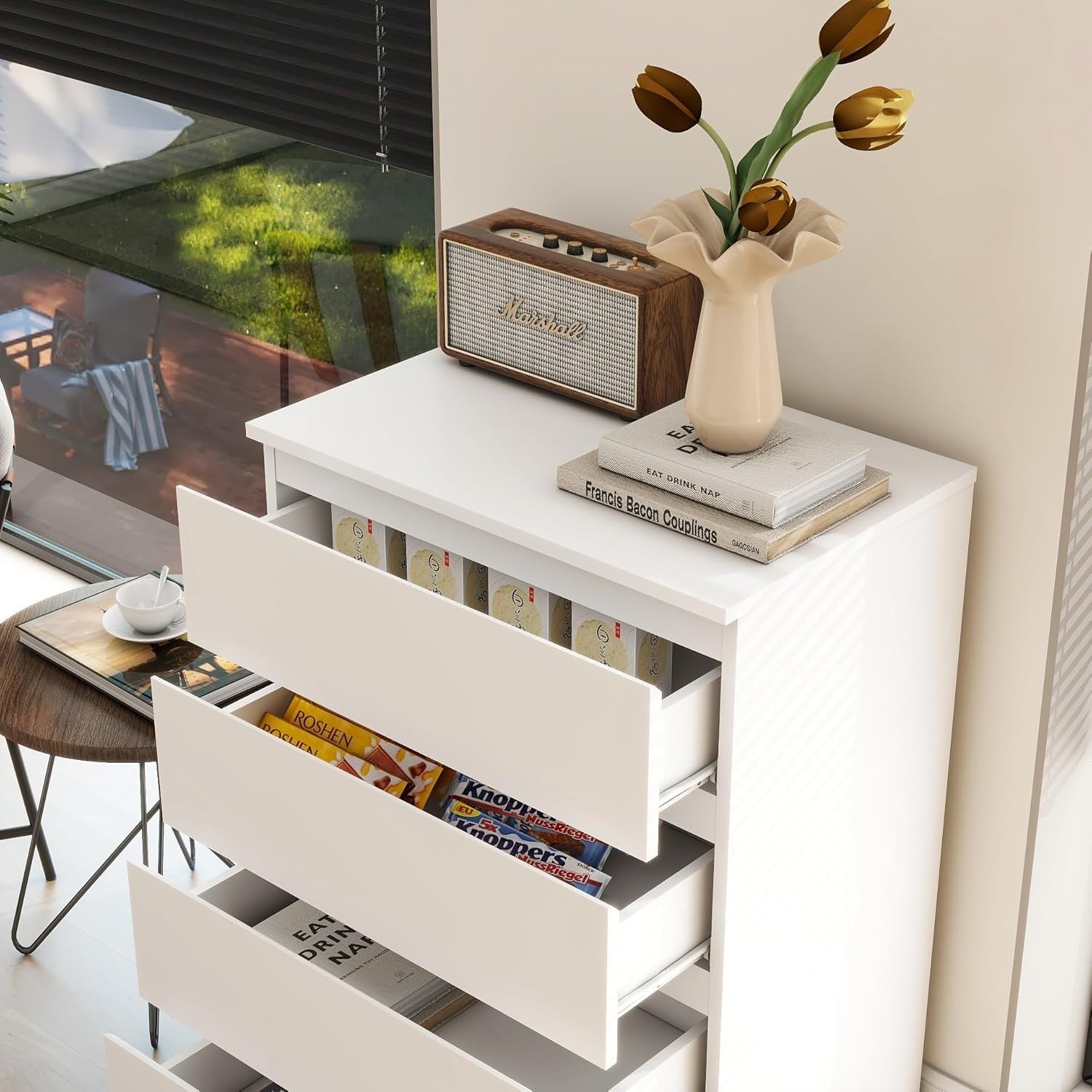 Modern White 4-Drawer Chest Organizer | Sleek No Handle Tall Dresser Unit