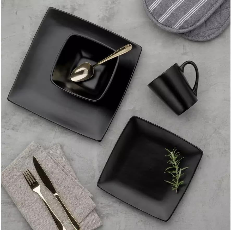 16pc Square Stoneware Dinner Set Black Plates Bowls Mugs Modern Dining