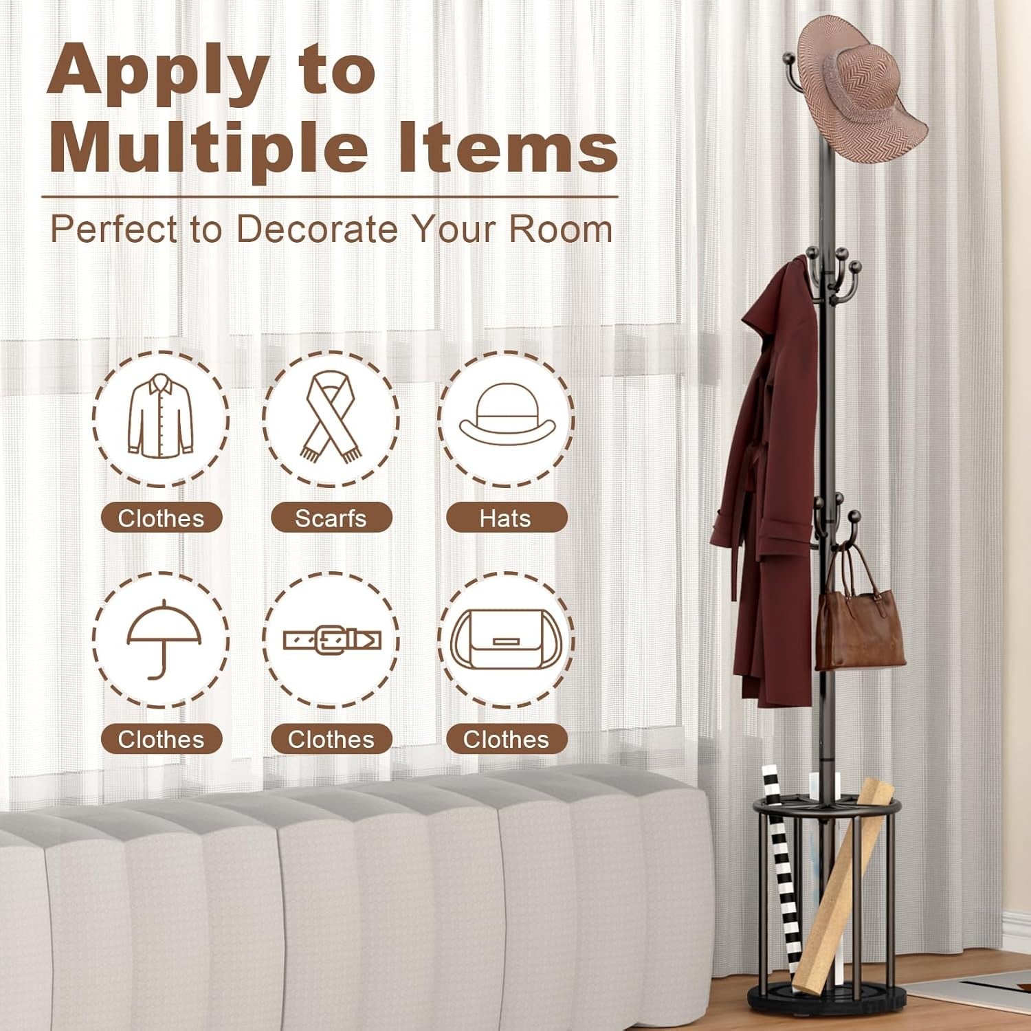Black Metal Coat Rack Stand | 12 Hook Freestanding Hall Tree with Umbrella Base
