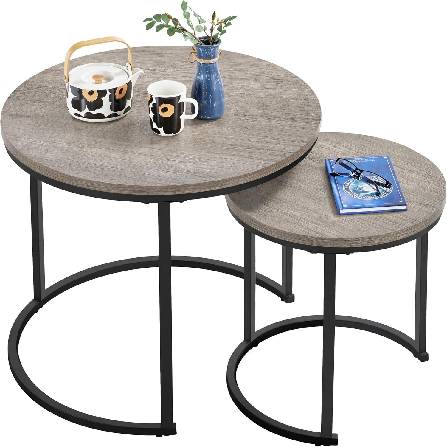 Space Saving Nesting Coffee Table Set Grey Round Side End Tables Engineered Wood