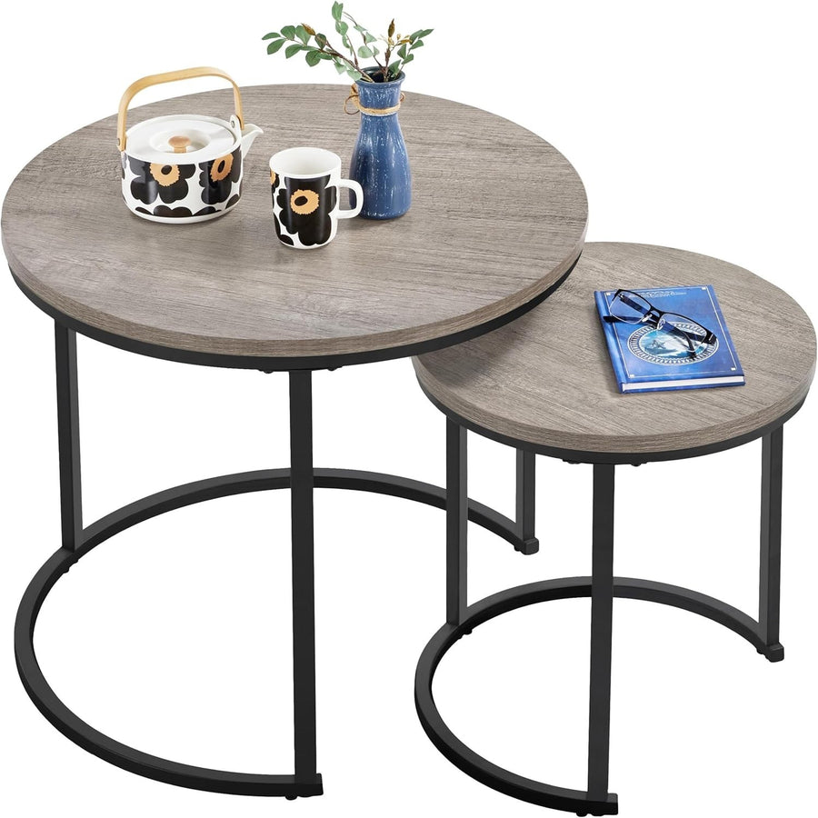 Space Saving Nesting Coffee Table Set Grey Round Side End Tables Engineered Wood