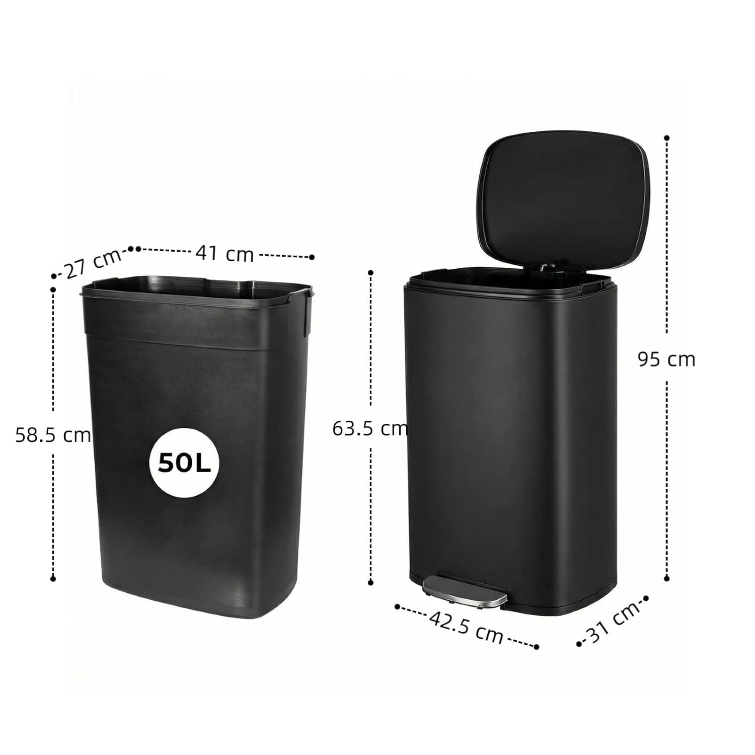50L Stainless Steel Pedal Bin Soft Close Kitchen Waste Black